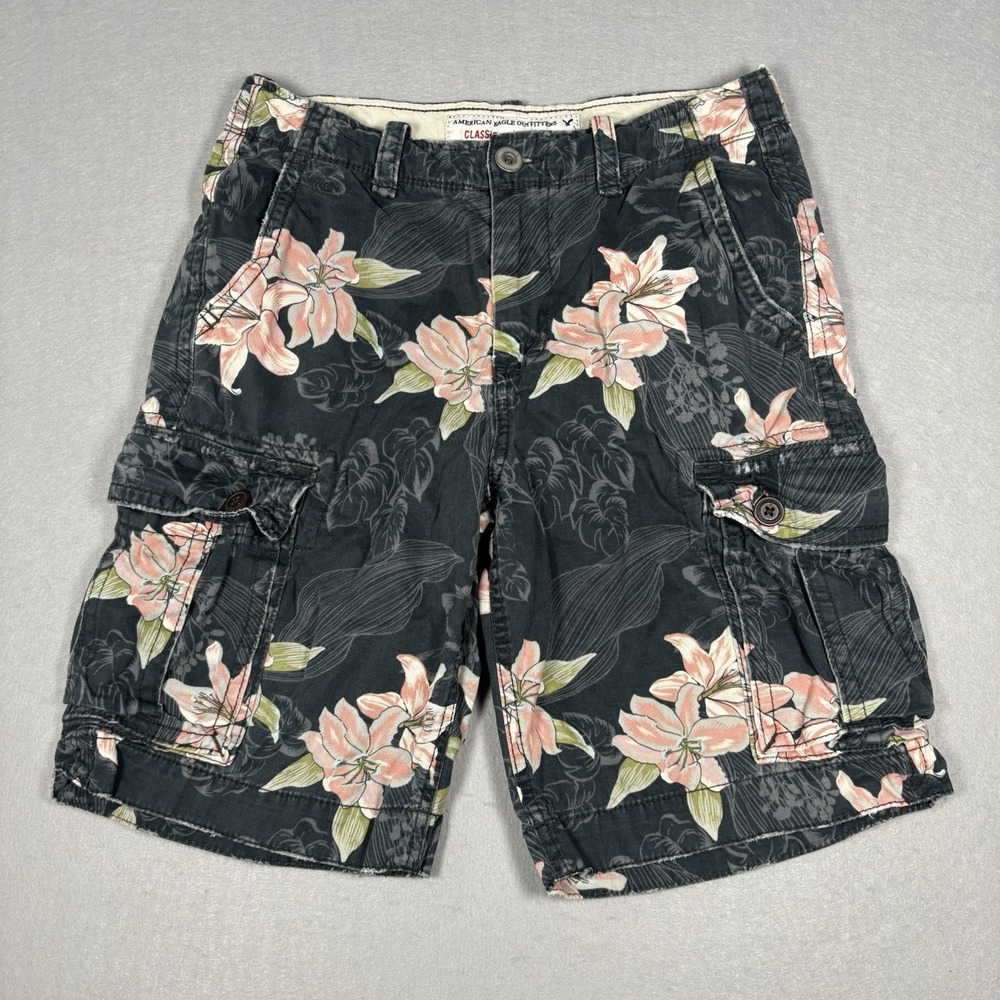 American Eagle Cargo Shorts Men's 30 Black Floral Hawaiian Streetwear Distressed